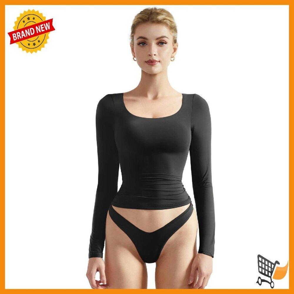 Double Lined Scoop Neck Crop Top Long Sleeve Fitted Tee